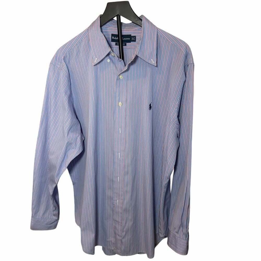 Ralph Lauren Classic fit blue white pink stripe dress shirt. Size 17 1/2, 34/35